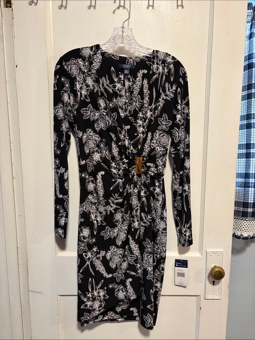 Chaps Ralph Lauren Black White Floral Long Sleeve Faux Wrap Surplice Dress Sz 4